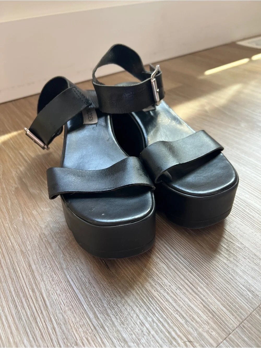 Steve Madden Black Platform Sandals with Silver Buckle